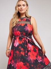 Yours Curve Black Floral Mesh Panel Skater Dress - Image 4 of 5