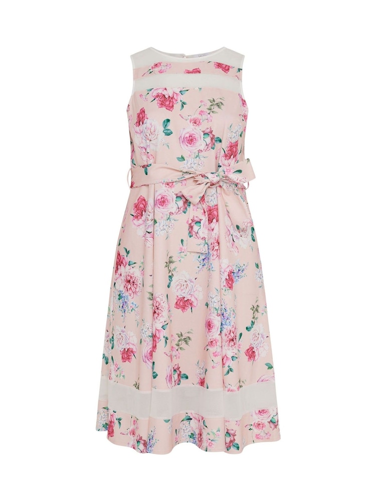 Yours Curve Pink Floral Mesh Panel Skater Dress - Image 5 of 5