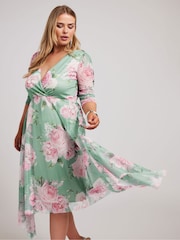 Yours Curve Green Floral Wrap Mesh Hanky Hem Dress - Image 1 of 5