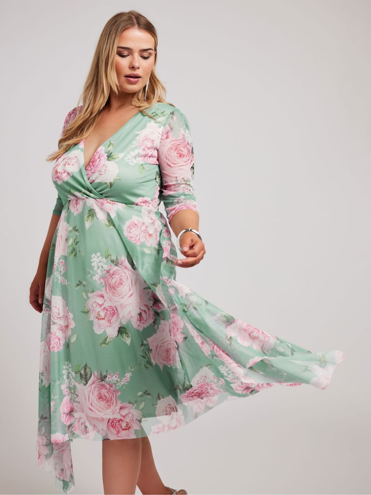 Yours Curve Green Floral Wrap Mesh Hanky Hem Dress - Image 1 of 5