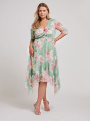 Yours Curve Green Floral Wrap Mesh Hanky Hem Dress - Image 2 of 5