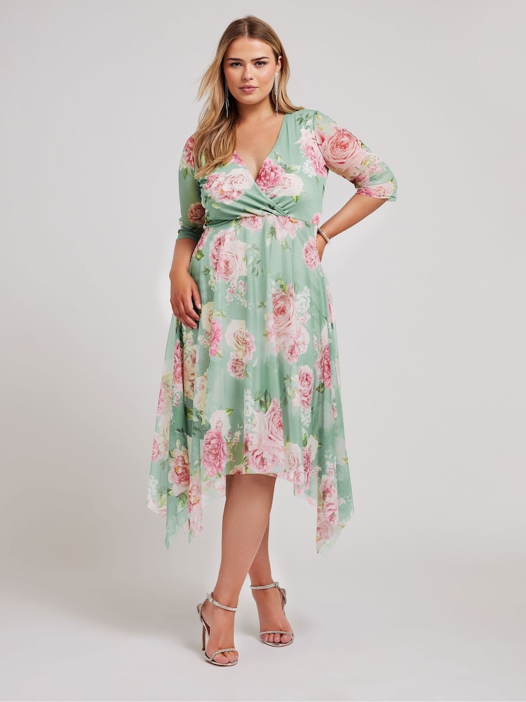 Yours Curve Green Floral Wrap Mesh Hanky Hem Dress - Image 2 of 5