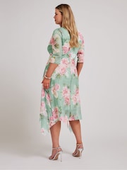 Yours Curve Green Floral Wrap Mesh Hanky Hem Dress - Image 3 of 5