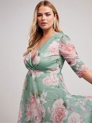 Yours Curve Green Floral Wrap Mesh Hanky Hem Dress - Image 4 of 5