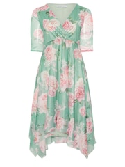 Yours Curve Green Floral Wrap Mesh Hanky Hem Dress - Image 5 of 5