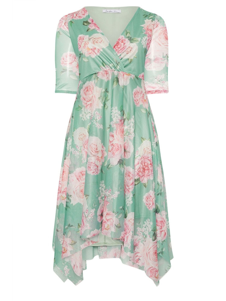 Yours Curve Green Floral Wrap Mesh Hanky Hem Dress - Image 5 of 5