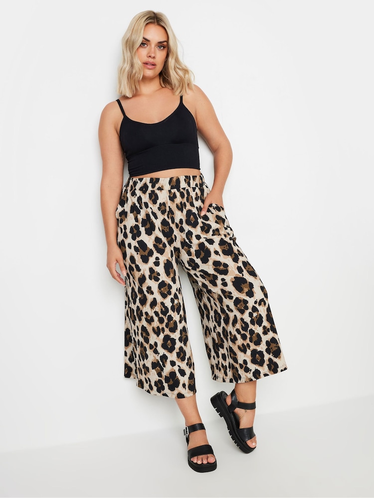 Yours Curve Brown Textured Leopard Print Midaxi Culottes - Image 1 of 5