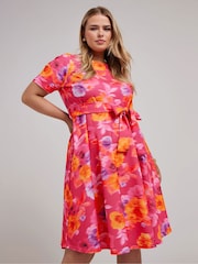 Yours Curve Pink Floral Skater Dress - Image 1 of 5