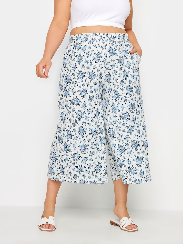 Yours Curve White Vintage Floral Textu Culottes - Image 1 of 5