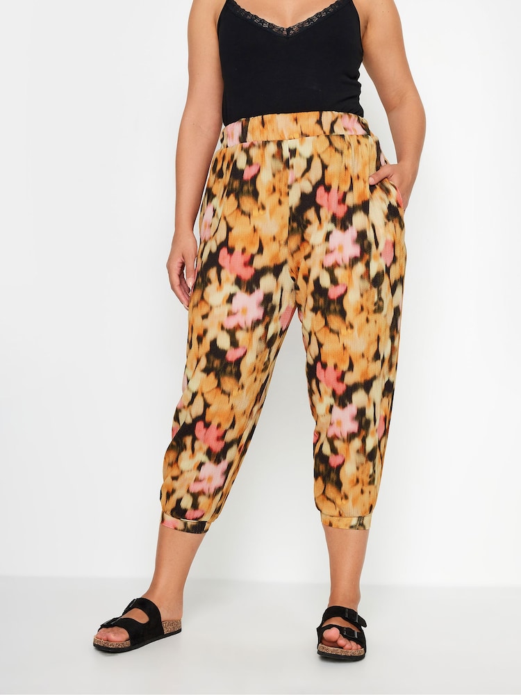 Yours Curve Black Textured Cropped Harem Trousers - Image 1 of 4