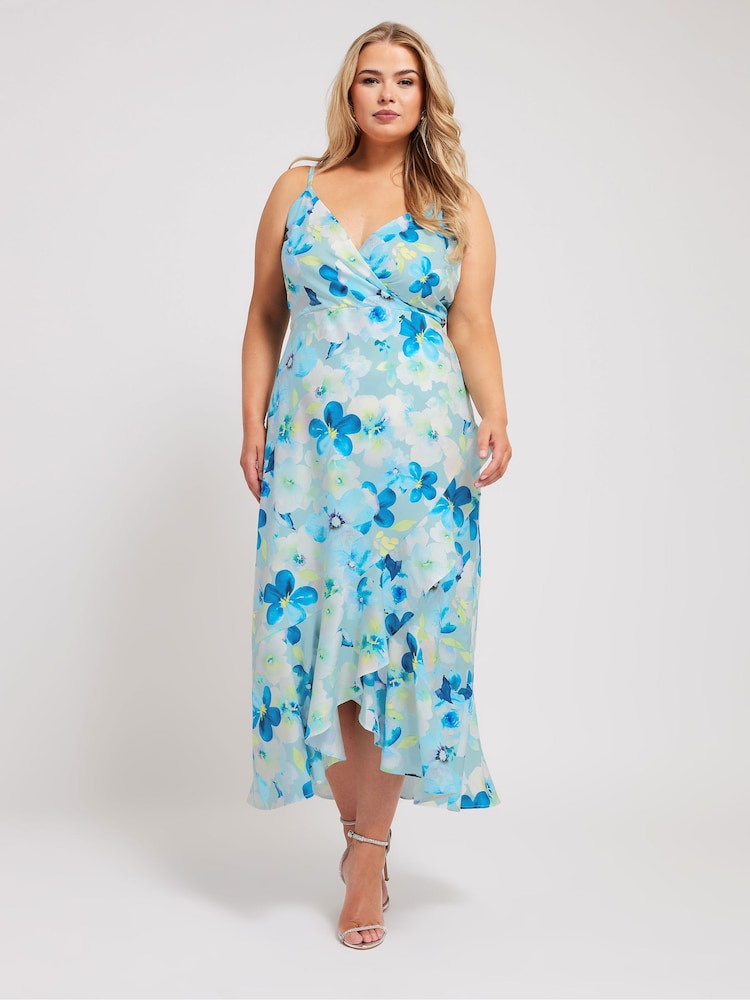 Yours Curve Blue Floral Ruffle Wrap Dress - Image 1 of 5 Yours Curve Blue Floral Ruffle Wrap Dress - Image 1 of 5