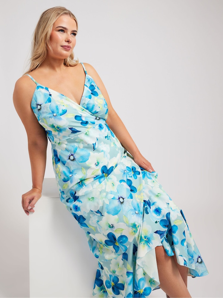 Yours Curve Blue Floral Ruffle Wrap Dress - Image 2 of 5 Yours Curve Blue Floral Ruffle Wrap Dress - Image 2 of 5