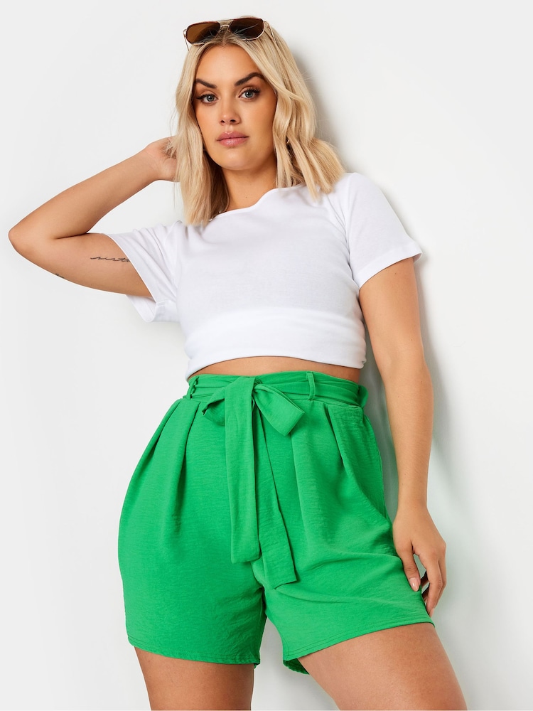 Yours Curve Green Belted Textured Satin Shorts - Image 1 of 5