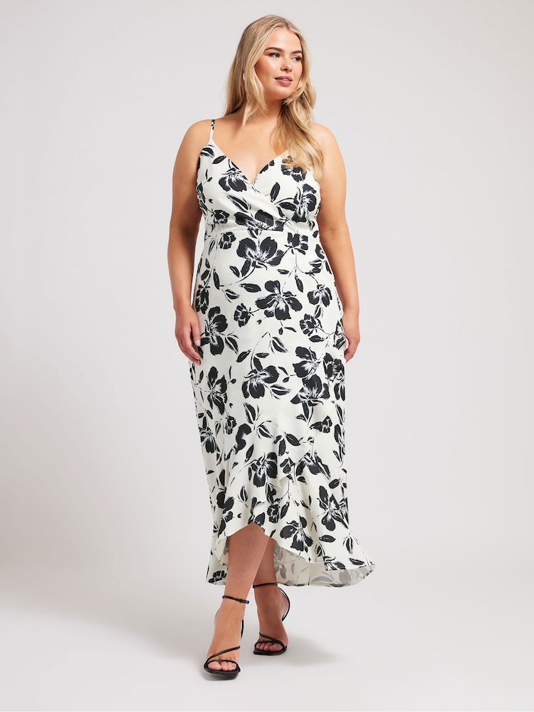 Yours Curve Cream Floral Ruffle Wrap Dress - Image 1 of 5