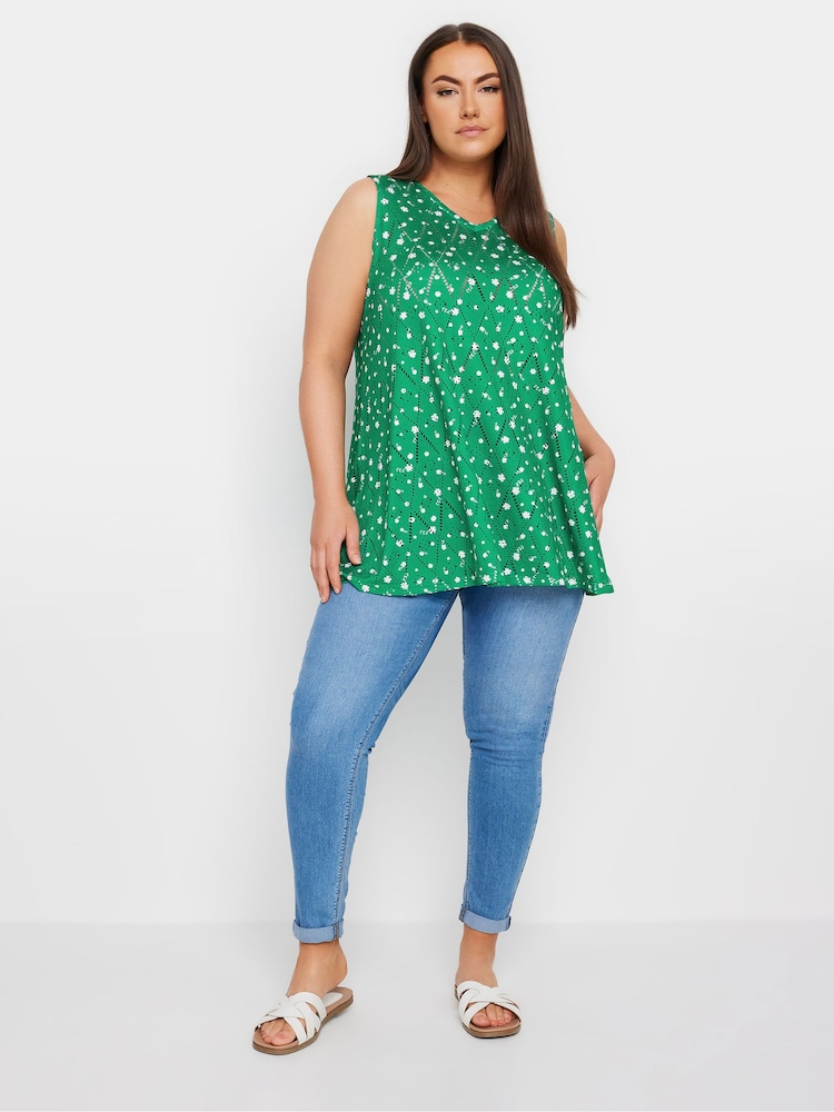 Grün - Yours Curve Floral Print Broderie Anglaise Vest Top - Bild 2 von 5 Grün - Yours Curve Floral Print Broderie Anglaise Vest Top - Bild 2 von 5