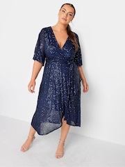 Yours Curve Blue Sequin Tulip Hem Wrap Dress - Image 1 of 5