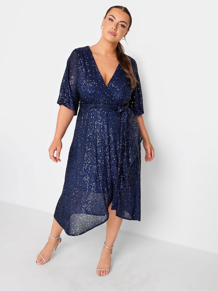 Yours Curve Blue Sequin Tulip Hem Wrap Dress - Image 1 of 5