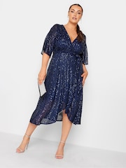 Yours Curve Blue Sequin Tulip Hem Wrap Dress - Image 2 of 5