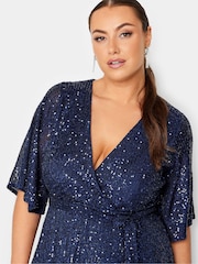 Yours Curve Blue Sequin Tulip Hem Wrap Dress - Image 4 of 5