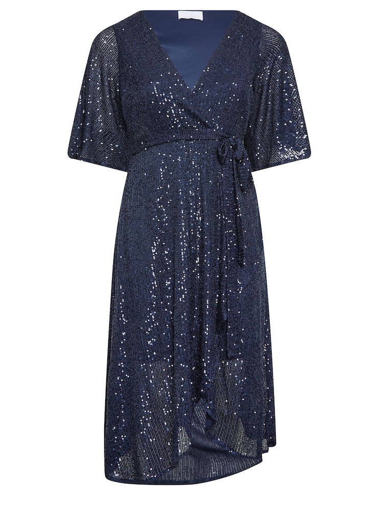 Yours Curve Blue Sequin Tulip Hem Wrap Dress - Image 5 of 5 Yours Curve Blue Sequin Tulip Hem Wrap Dress - Image 5 of 5