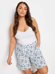 Yours Curve White Vintage Textured Floral Jersey Shorts - Image 1 of 4