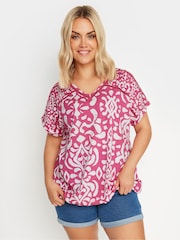 Yours Curve Pink Grown On Sleeve Bubble Hem Crochet 100% Cotton Top - Image 1 of 5