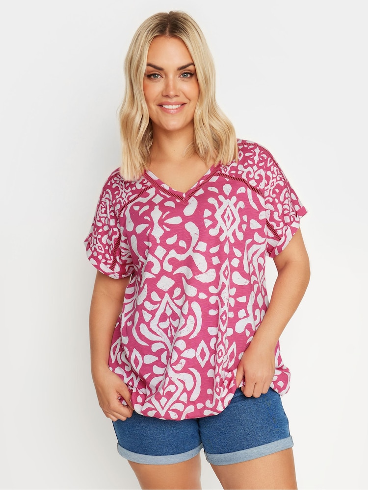 Yours Curve Pink Grown On Sleeve Bubble Hem Crochet 100% Cotton Top - Image 1 of 5