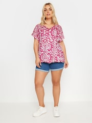 Yours Curve Pink Grown On Sleeve Bubble Hem Crochet 100% Cotton Top - Image 2 of 5