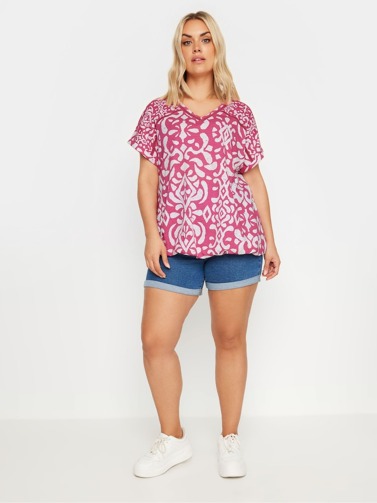 Yours Curve Pink Grown On Sleeve Bubble Hem Crochet 100% Cotton Top - Image 2 of 5
