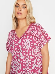 Yours Curve Pink Grown On Sleeve Bubble Hem Crochet 100% Cotton Top - Image 3 of 5