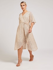 Yours Curve Gold Sequin Tulip Hem Wrap Dress - Image 1 of 5