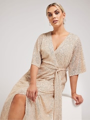 Yours Curve Gold Sequin Tulip Hem Wrap Dress - Image 2 of 5