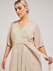 Yours Curve Gold Sequin Tulip Hem Wrap Dress - Image 4 of 5