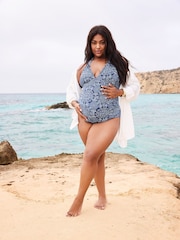 Yours Curve Blue Maternity Paisley Halter Neck Swimsuit - Image 1 of 6