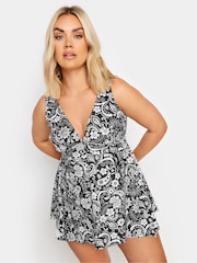 Yours Curve Black Monotone Tile Print Buckle Detail Fixed Strap Tankini - Image 1 of 6