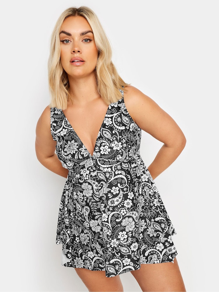 Yours Curve Black Monotone Tile Print Buckle Detail Fixed Strap Tankini - Image 1 of 6