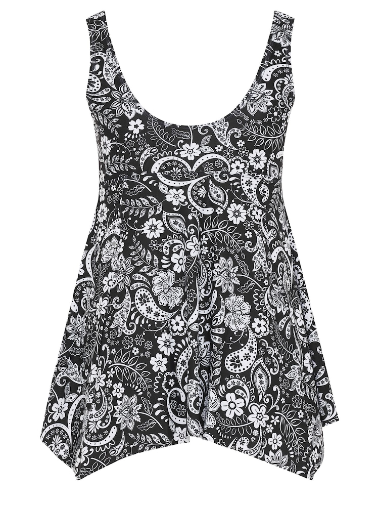 Yours Curve Black Monotone Tile Print Buckle Detail Fixed Strap Tankini - Image 6 of 6