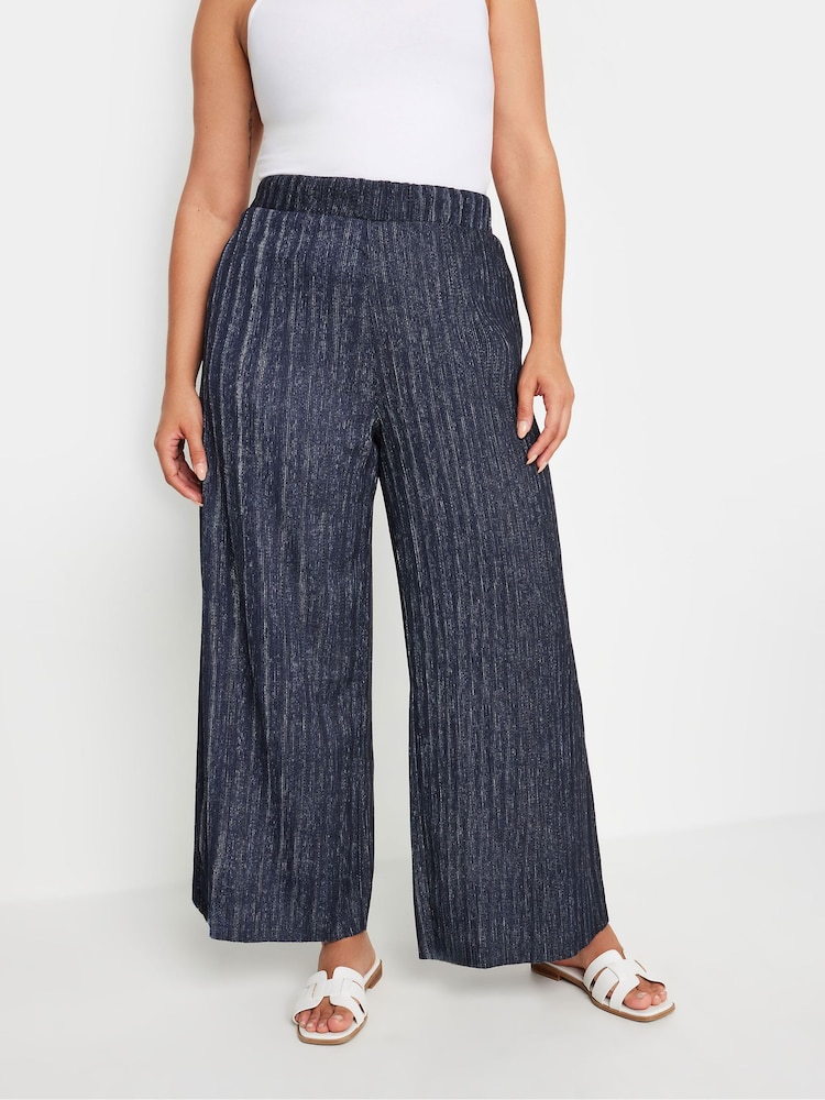Yours Curve Blue Textured Wide Leg Trousers - Image 2 of 5 Yours Curve Blue Textured Wide Leg Trousers - Image 2 of 5
