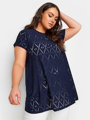 Yours Curve Blue Broderie Swing T-Shirt - Image 1 of 5