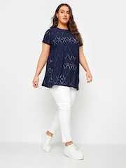 Yours Curve Blue Broderie Swing T-Shirt - Image 2 of 5