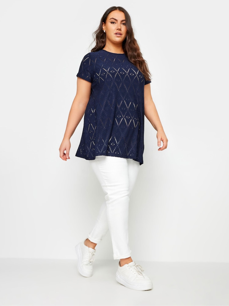 Yours Curve Blue Broderie Swing T-Shirt - Image 2 of 5