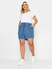 Yours Curve Blue Acid Wash Chambray Shorts - Image 3 of 5