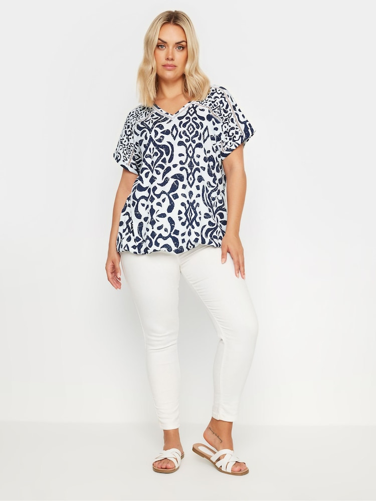 Yours Curve White Grown On Sleeve Bubble Hem Crochet 100% Cotton Top - Image 2 of 6