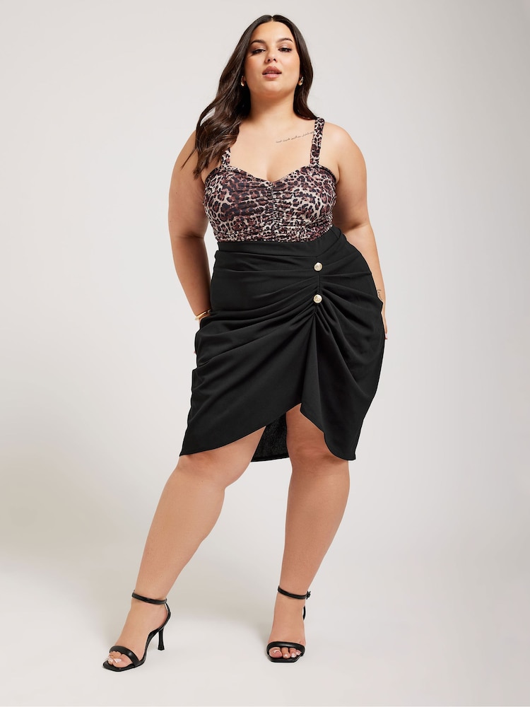 Yours Curve Black Gathered Button Detail Skirt - Image 1 of 5