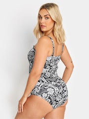 Yours Curve Black Shirred Monotone Tile Print Swimsuit - Image 3 of 6