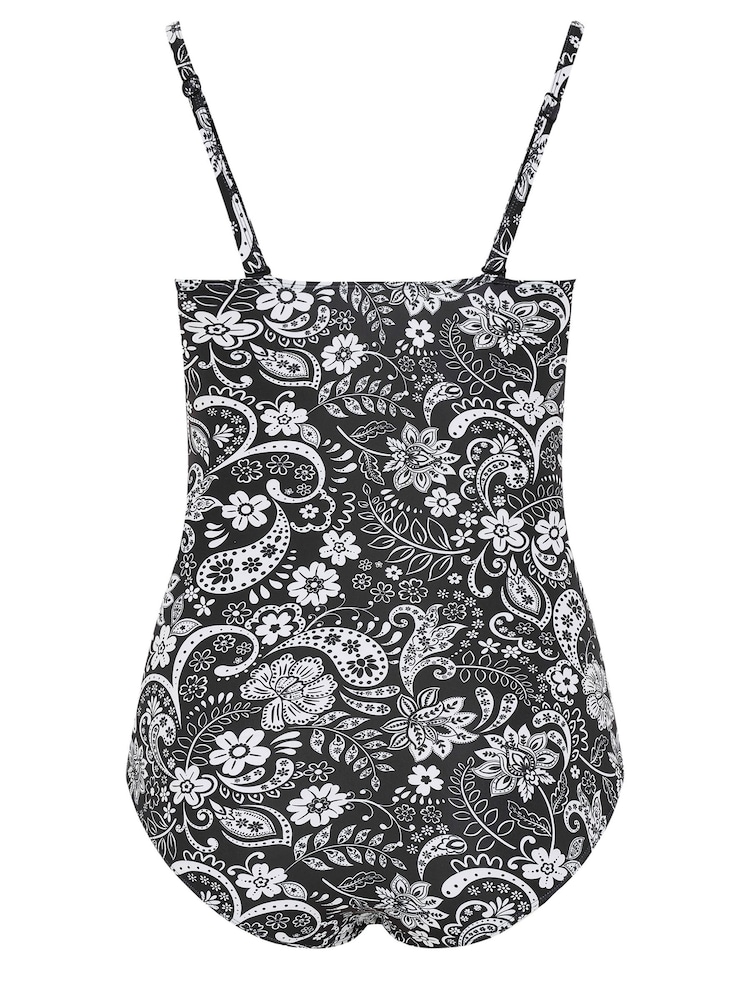 Yours Curve Black Shirred Monotone Tile Print Swimsuit - Image 6 of 6