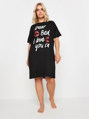 Yours Curve Black Dear Bed Slogan Sleep 100% Cotton T-Shirt Nightdress - Image 1 of 5