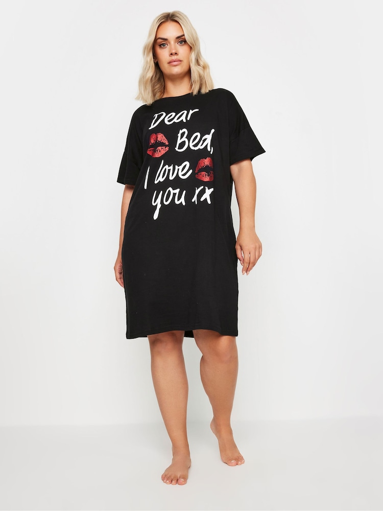 Yours Curve Black Dear Bed Slogan Sleep 100% Cotton T-Shirt Nightdress - Image 1 of 5