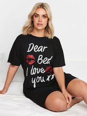 Yours Curve Black Dear Bed Slogan Sleep 100% Cotton T-Shirt Nightdress - Image 3 of 5
