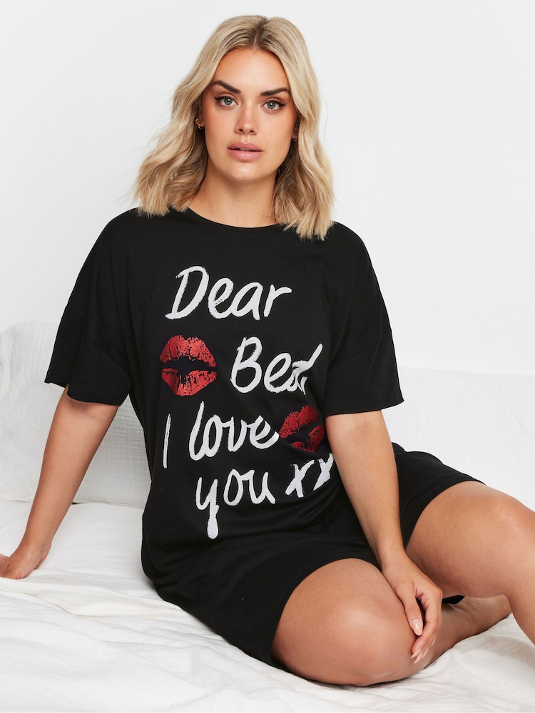 Yours Curve Black Dear Bed Slogan Sleep 100% Cotton T-Shirt Nightdress - Image 3 of 5